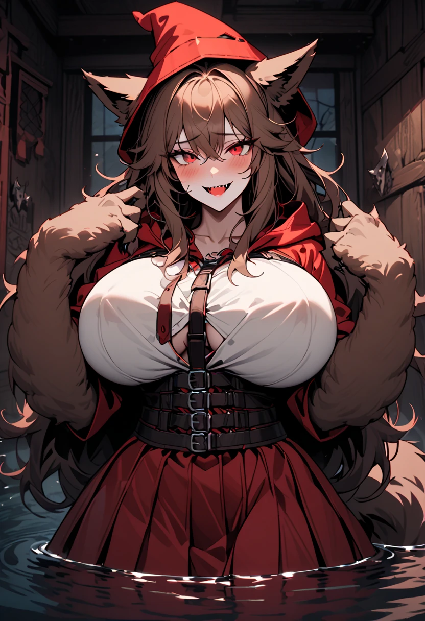 1 female, teacher, wearing dark red hoodie, brown bootyshorts, Thicc, dark red hair, long hair, dark red fox ears, yellow glowing eyes, face to detail, detailed eyes, the background is a dark closet, showing her fangs, angry naked woman with big tits and perfect vagina full of semen, seductive pose sticking out tongue
