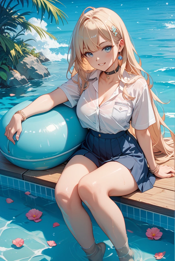 (masterpiece, best quality), 1girl, Navy blue blazer, white button-up shirt, red pleated skirt, knee-high socks, and leather loafers, Enigma, Short, Lean, Round Face, Olive Skin, Honey Blonde Hair, Hazel Eyes, Wide Nose, Pouty Lips, Receding Chin, Long Hair, Wavy Hair, Middle Part Bangs, full breasts, Threader earrings, black sheer lipstick, Effervescent bath salts, Glistening wet patches on the surface, Subtle hues of a twilight sky over water