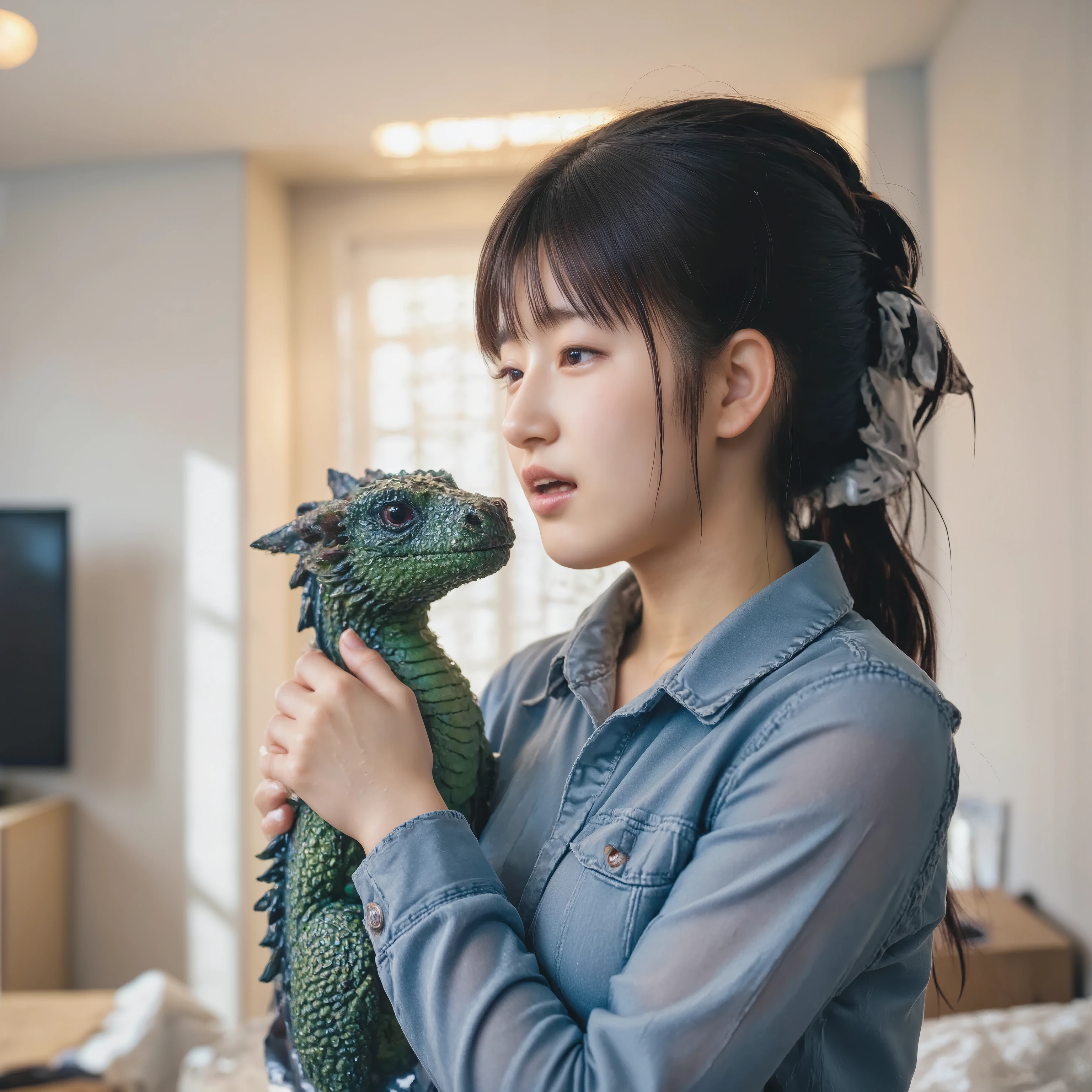 {{photo-reality, perfect anatomy}}, Women Who Draw Dragon Blood。 dark green children hold dragons gently、Gently hold the dark green child dragon that makes me remember words。 , Living dragons,Not a stuffed animal, {{women's hairstyles are half up,Clothes are see-through shirts, and the bangs are bouncing up}}