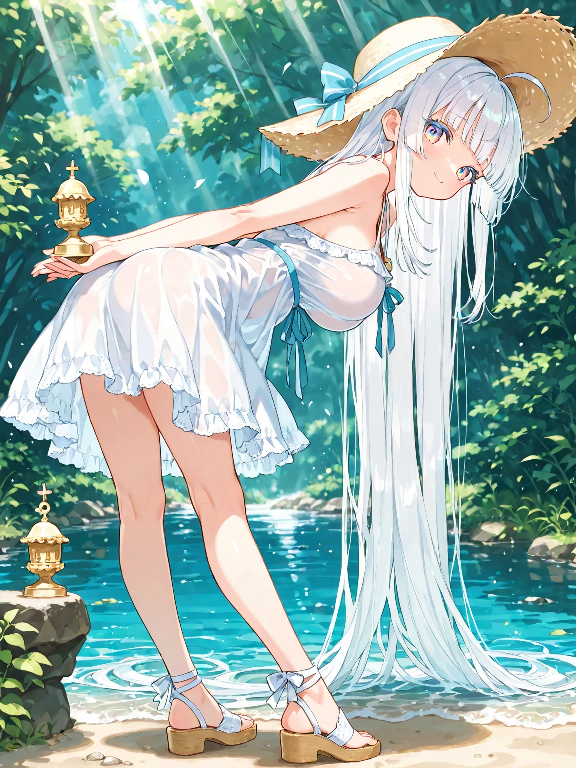 H4K, Ultra-high resolution, masterpiece, goddess, 1 person, Nice face, fine grain, Detailed lips, Very long hair, Straight hair, Very long hair, Beautiful Hair, ((naked)), Big Breasts, Both have, Ultra-Realistic Details, masterpiece, Dropped at the foot of a spring on a hill, Full Body Shot, Look forward, Are standing, Showing off my body here.,