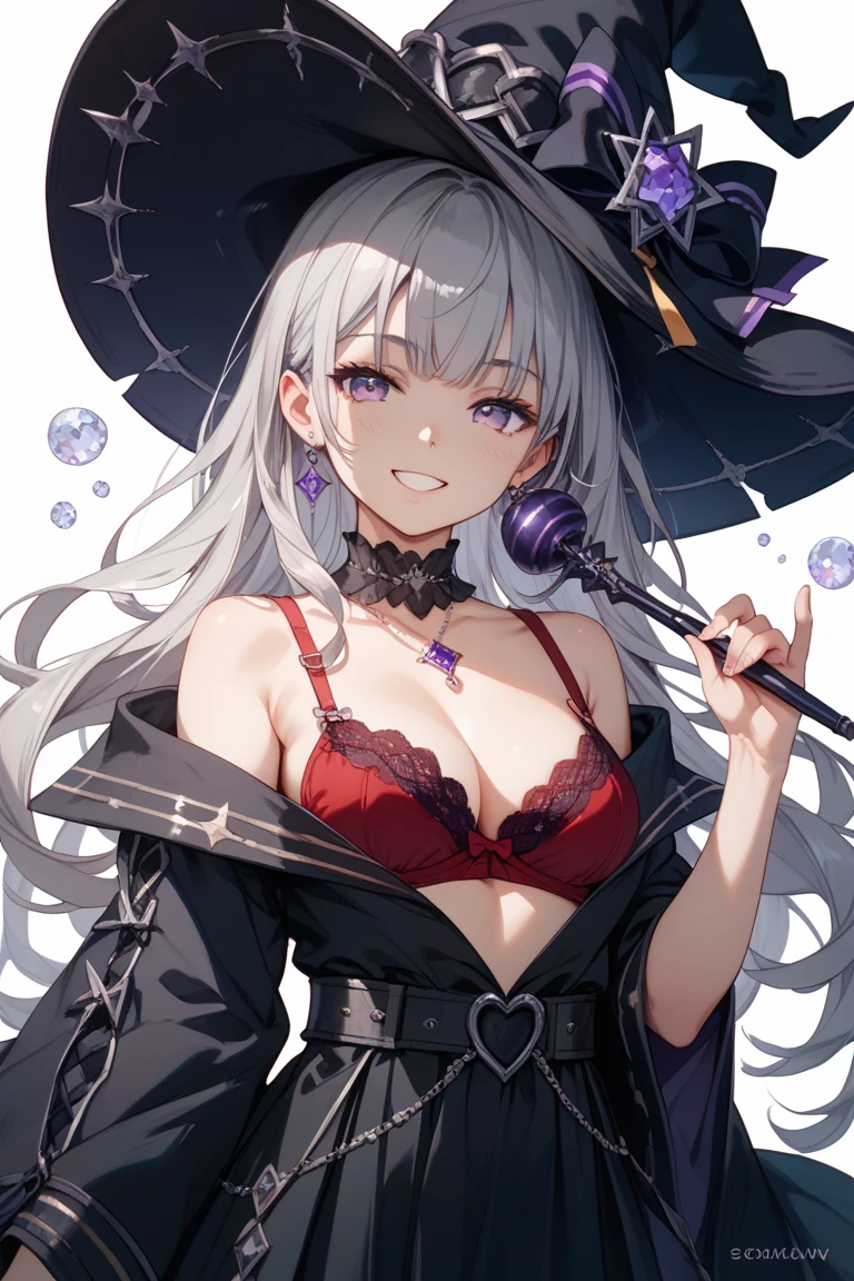 a girl dressed in a sexy and gothic outfit with a cross and scythe, 1girl, cross, breasts, solo, holding, looking at viewer, glasses, dress, blue eyes