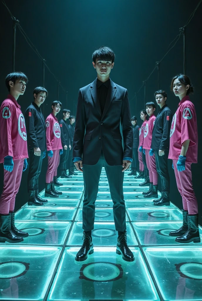 2boys, empty background, chessboard floor, human chess, checkmate, white pawn takes black king, boys in skintight bodysuits representing their respective chesspieces