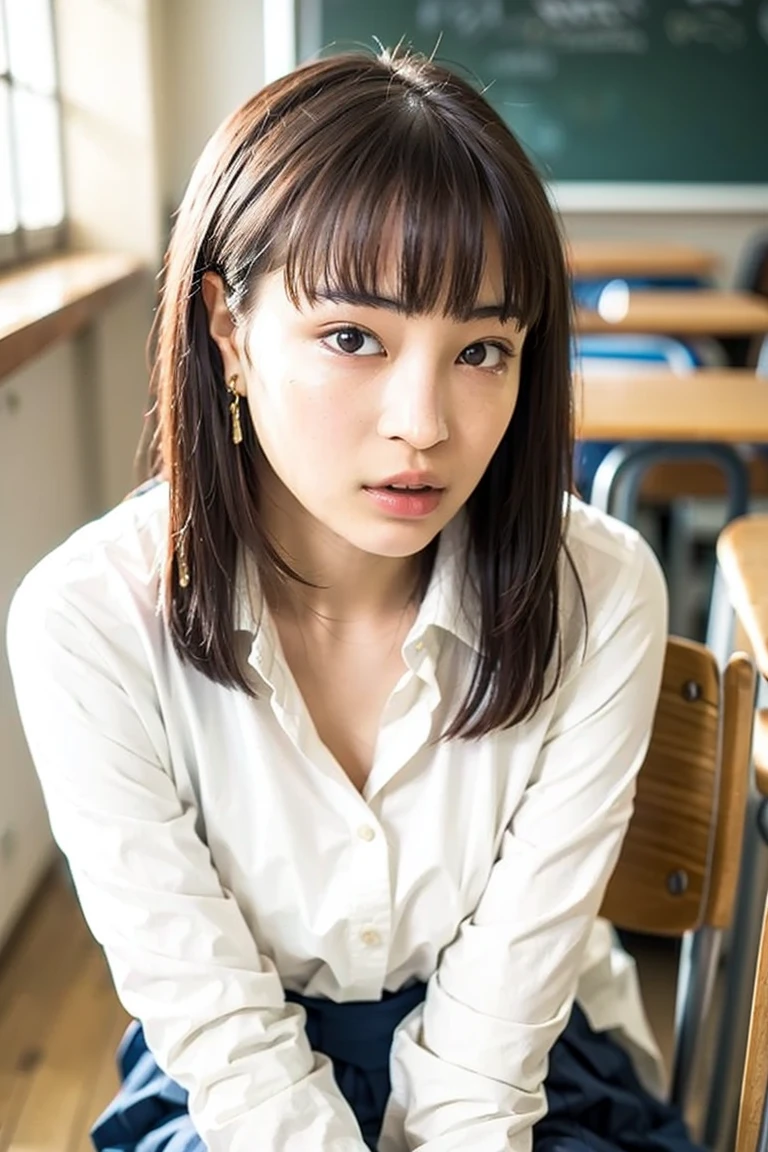 ulzzang -6500-v1.1, (Raw foto:1.2), (Photorealsitic:1.4), (Keep your face as it is)A slender、cute little、a beautiful detailed girl, extremely detailed eye and face, beatiful detailed eyes, Ridiculous, unbelievable Ridiculous, huge filesize, ultra-detailliert, hight resolution, ighly detailed, top-quality, ​masterpiece,((Hairstyle is bob hair)）、 ((Japan junior high school students)), illustratio, ighly detailed, nffsw, unification, 8k wallpaper, magnifica, finely detail, ​masterpiece, top-quality, Highly detailed ticker uniform 8K wallpaper, Light on the Face、电影灯光、13yo girl、((The lower body is not wearing anything)、((Take off more clothes))、((Take off more clothes、Go completely topless))、((dynamicposes)))、(camel's toe)、((fullnude))、((Lying on a chair in the classroom with legs apart)）、((Showing off female genitalia)）