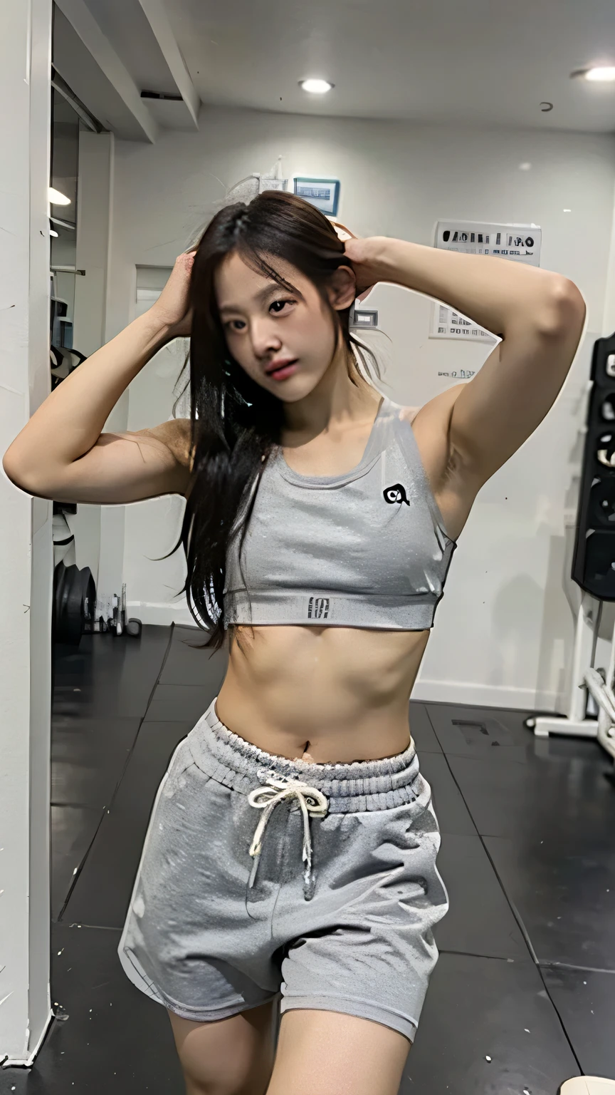 30 years old Hong Kong beautiful woman in gym, cotton sportwear, Camel toe, wet skin, hyper realistic, realistic skin tone, realistic skin texture, symmetric face, asian pale skin tone, super wide angle photo, closeup selfie from down below, very low contrast photo, black long hair
