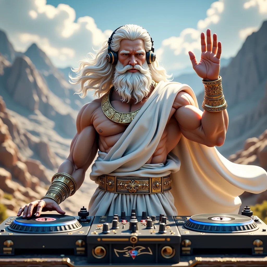  A stoic Greek man made of gray stone with cracks representing modern DJ. The figure must be in a dynamic pose, with one hand adjusting the headphones and the other on the soundboard. The sculpture must have the following characteristics:Headphones: Large and modern, detailed carved from marble.Sound Desk: A toned body with the head lowered, a thick fog around, a red beam in the sky illuminates the fog. In the background there are black mystical mountains, bright colors, high contrast of tones, dark atmosphere, seen from above.Mix of modern technology with classical Greek elements, including buttons and sliders.Golden Chain: A robust and very detailed hanging around the neck. Transparent Glasses Glasses with a translucent appearance, sculpted to look like glass.Rasta Hair: Dreadlocks falling forward, partially covering the face, but without hiding important details. Sculpture Style: Ideal proportions and well-defined muscles, following the classic Greek style. Traditional Greek clothing adapted to the modern look of a DJ.Base and Context:The base of the sculpture must combine classical elements, such as Greek columns and friezes, with symbols of Image Quality Resolution: 4K to 8K