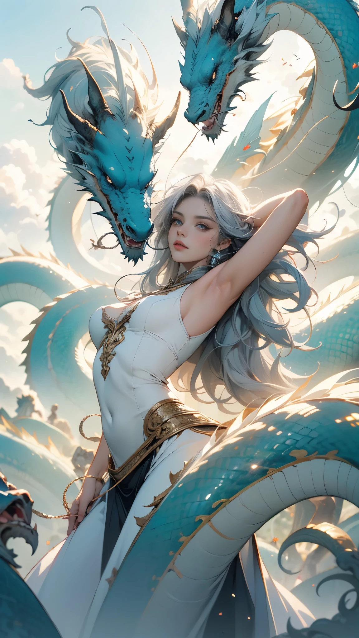 Solo, beautiful female, dragon girl, beautiful silver hair, detailed skin, white skin, (detailed, eyes, lips, long eyelashes), majestic pose, flying in the sky, fantasy world, mythical creature, vibrant colors, ethereal lighting, magical atmosphere, mystical aura, breathtaking scenery, dragon wings, elegant and graceful, surreal landscape, intricate details, otherworldly beauty, enchanting presence, powerful and regal, silver and gold accents, mesmerizing gaze, flowing mane, mythical beast, legendary guardian, epic fantasy,  (best quality, Anatomically correct rendering, incredibly absurdres, high resolution), 