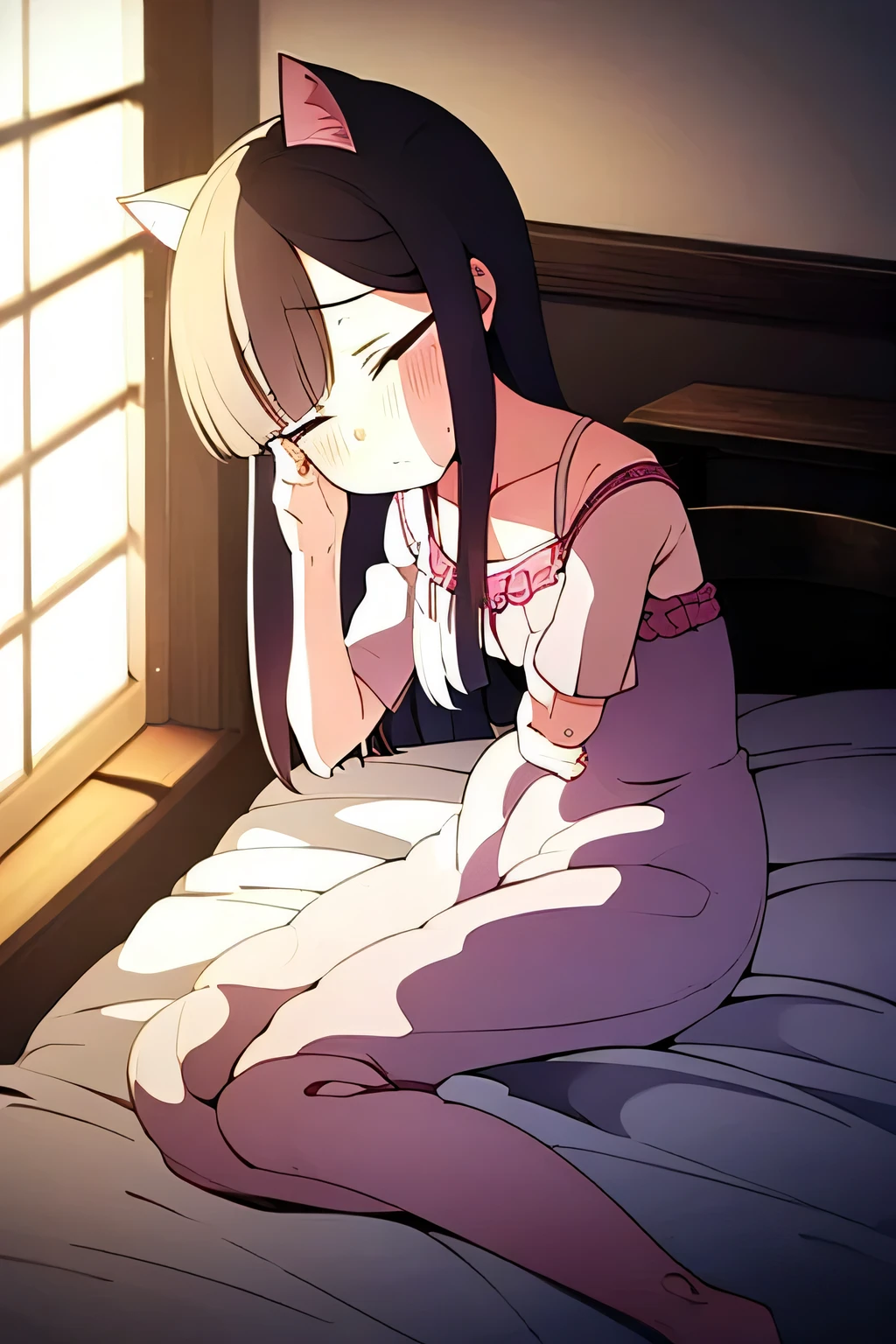 laid-back afternoon 、Young girl with pink cat ears, Put your head on your hands , long black hair with bangs, wearing a white ruffled nightgown, A faint blush, lies on white sheets, soft morning light shining through a window, Gentle Shadow, Cozy Serene Atmosphere, anime style illustration
