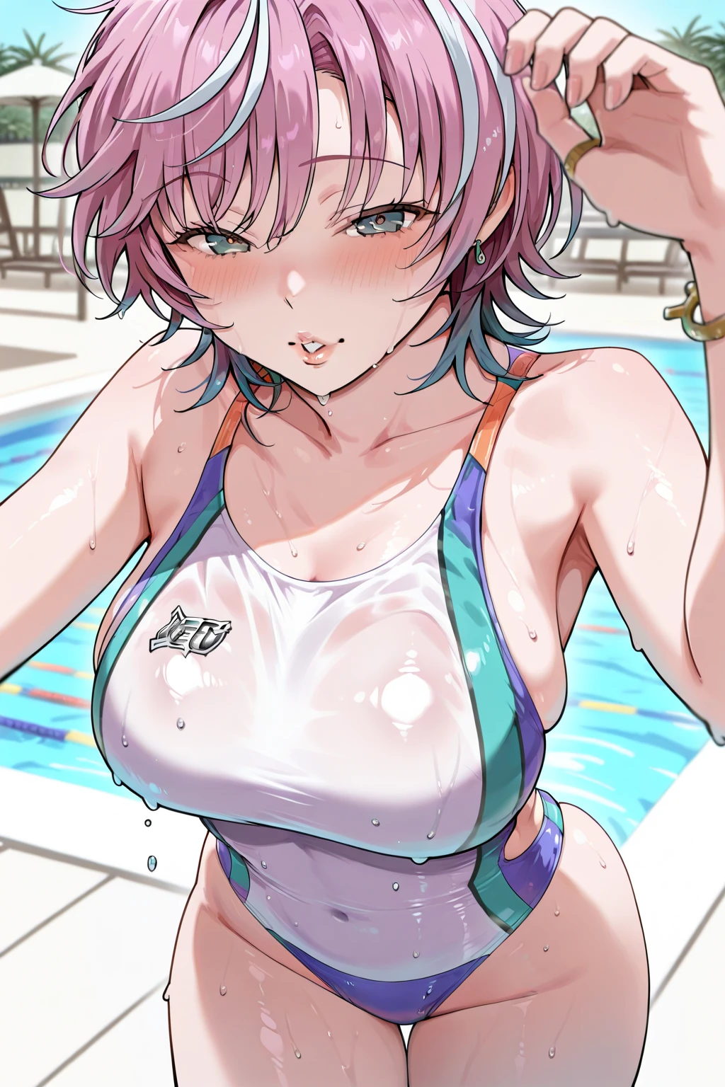 purple short hair　Glasses　Wet purple school swimsuit that shines when wet　stockings　50 years old　red rouge plump lips　round face　Plump　((looking at the camera))((Mature woman urinating a lot))　Sweaty body　((A slutty celebrity mature woman who is waterboarded and made to feel intense orgasm, drooling, sweaty and leaking a large amount of urine.)　open leg　(A mature woman sucks a dildo that has been drenched with a lot of lotion and urination on her face and body, and has been made into a mess.))