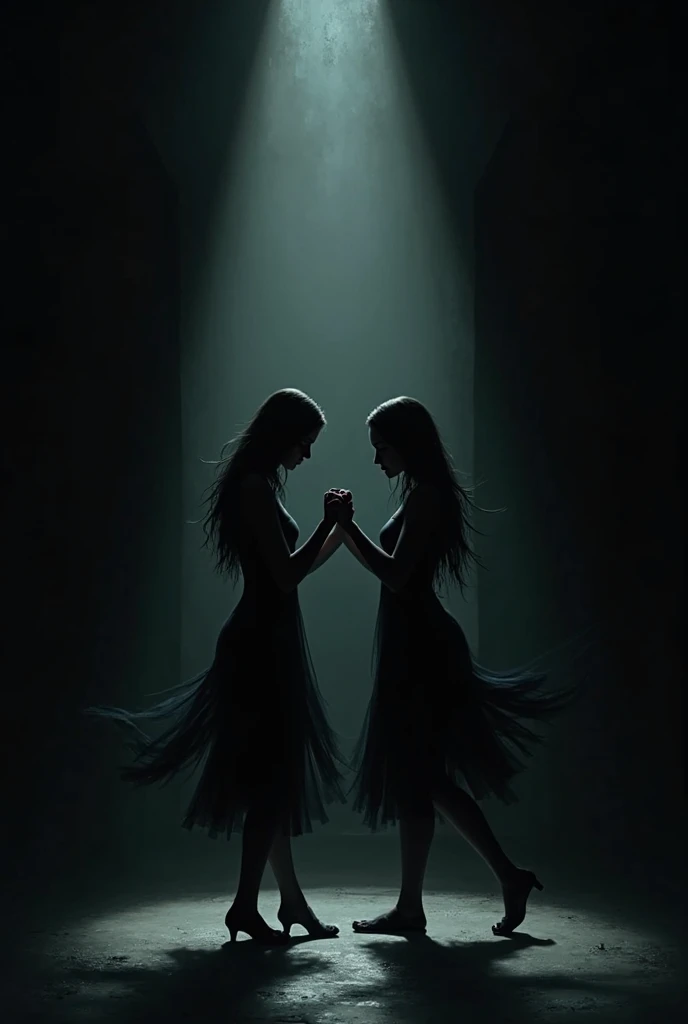 Two women in a dark space silhouette lightning