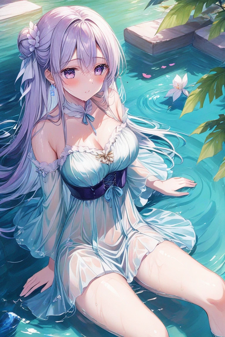 ((top quality)),(ultra high resolution),(Super detailed),(detailed description),((the most picturesque works of art),super precision art,amazing art of depiction,fantasy art:1.5, ((綺麗なflower々:1.3)), (glamorous body:1.5),fancy background effects、masterpiece、fancy details、(NSFW 1.1), ((1 female)), ((muste piece)), ((extremely detailed:1.3)), ((Beautiful woman entering the lake in crystal clear water)), ((beautiful long hair)), wet hair, wearing a transparent dress, Bathing clothed, (水に浮かぶバラのflowerびら:1.5), (early morning light), ivory gold AI, temple, crepuscular lighting, (very huge )、pink nipples、pink areola,Transparent pink areola、((Transparent pure white wedding dress that shows your skin、Detailed design))、Arranged,intimate, rose garden、colorful roses、lake with floating roses、wet body、(頭にflowerの装飾)、大きなflowerいっぱい、solo, water play, flowerいっぱいの髪飾り, flower々, sky porn,Pure white dress that becomes transparent when wet, shines wet with water、(muste piece),(Highly detailed CG Unity 8K wallpaper),best quality,cinematic lighting,detailed background,beautiful detailed eyes,bright pupils, (very delicate and beautiful),(Beautiful and detailed eyes),((muste piece)),(Purple eyes)