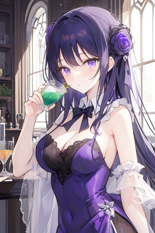 Close-up of Violet Fizz cocktail art displayed on a bar counter glowing at night, High quality waifu movie anime with avant-garde fashion style, A droopy-eyed Japanese idol girl is smiling while holding a cocktail glass. Shaker on the counter. Purple Refraction