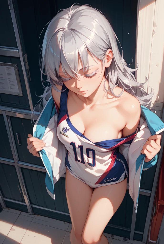 muste piece、masterpiece、highest quality、Super detailed、High resolution、8K portrait、Unity 8k壁紙のHigh definitionCG、cute type little:1.5、Lori:1.5、Highly detailed CG unity 8k wallpaper、Realistic、real person、 portrait photography、shiny skin、High definition、(16 years old:1.2)、(1 girl)、beautiful clear eyes、extremely detailed description、delicate face、nice lips、slender body、medium breasts 同 thin waist、thin legs、(Atlantic stadium track:1.6)、1 girl, cute type, perfect face, seriously, (blush:1.5),(silver hair long hair:1.3),medium breasts 同,((short sleeve gym clothes:1.2)),(((clothes lift:1.5))), (((I have nipples))),(spread legs:1.2),(pussy:1.2),(((climax in vagina:1.5)))