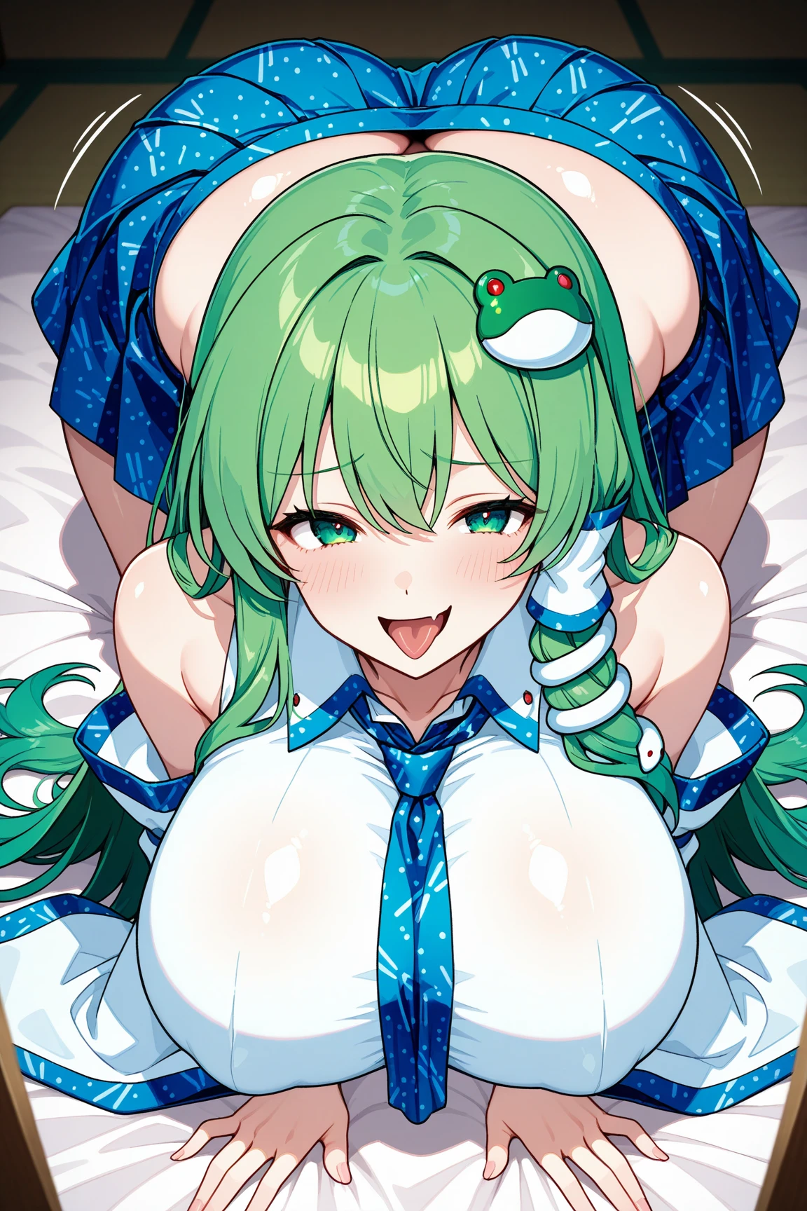 ((Green hair ponytail,green eyes,Green hairRibbon,)),((nipple,)) sweat, Sweaty and wet all over,((gigantic breast)),((Perfect body,))((Super beautiful,))((High quality,))pov,Looking at Viewer, (jacket that exposes the shoulders ,very short pleated skirt,off-shoulder,Sleeveless very Short White Blouse,Thigh-high socks,) (Heavy breathing, sweat, Sweaty and wet all over,see-through sexual white Underwear,lovejuice dropping pussy,)(Lift up the hem of her skirt to show off her crotch),Close mouth,((lie down on bed,spread legs)),