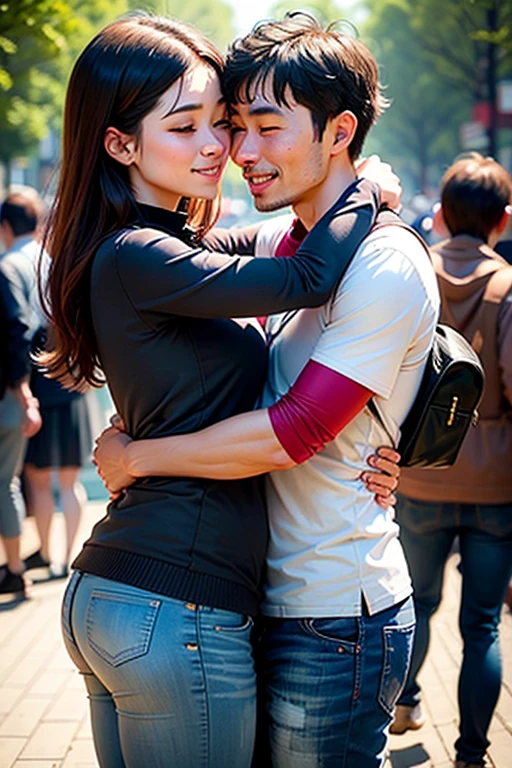 Virtual image, Full body poster 8K, Japanese boy and girl, 18-year-old male, A charming expression, detailed facial details,Stand and hug and kiss each other, don't be passionate. Wear a white bikini, Tokyo City, winter, Shibuya is the backdrop.