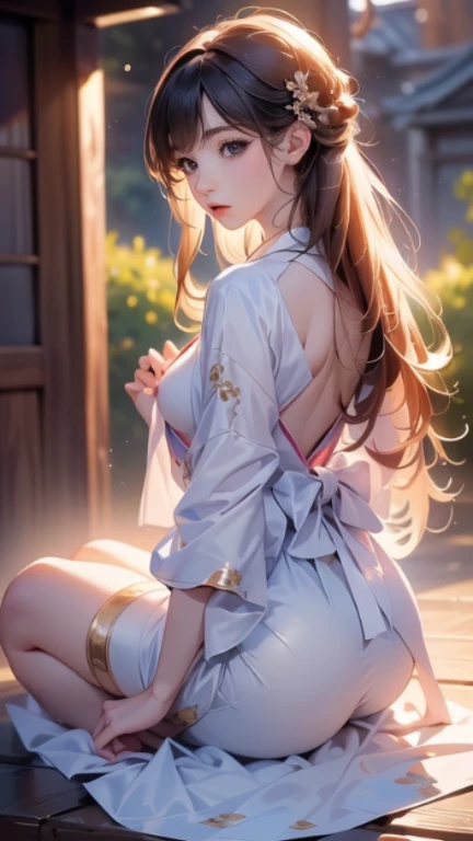 SFW,(8k, RAW photo, best quality, masterpiece, soft cinematic lighting, soft color:1.6),(ideal ratio body proportions:1.8),(from behind above:1.5),(looking back at camera:1.8),(sitting:1.5),(spread legs:0.5),(beautiful eyes focus:1.8), (realistic), (dilapidated japanese old house, onsen background:1.6), (solo, mature woman,20years old,super beautiful face,super detaild beautiful brown eyes :1.8), (detaild sheer white Slip Dress:1.6),(coverd nipples:0.5),(embarrassed,red Cheeks:1.25),long hair, {{slicked back hair}}, white blonde color hair, clean skin, (smaller butt:1.8),(coverd nipple:0.9),(sagging huge long wide heavy breasts:1.5),(under boob:0.8), ( Perfect body skinny beauty: 1.5),(open mouth:1.1),(temptation pose:1.8),(heavy breathing:1.5),