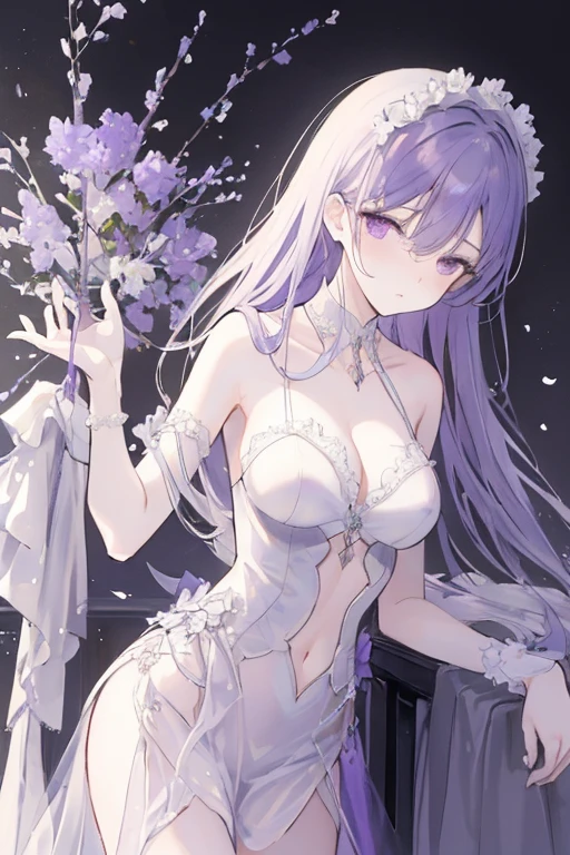 Personification of wisteria flowers、Frame Japan Village、Decorative panel、abstract art、By Alphonse Mucha (masterpiece、top-quality、hight resolution: 1.4)、More about realism、intricate-detail、4K、color splashes、line-drawing、Fibonacci、