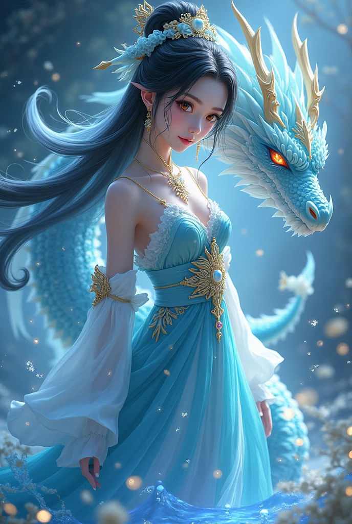 (highest image quality), (masterpiece), (vibrant, photography realistic, Realistic, Dramatic, Dark, Sharp focus, 8K), (best quality,highres),(realistic:1.37),beautiful detailed eyes,beautiful detailed lips,(longeyelashes:1.1),perfectly symmetrical face, flawless complexion, radiant smile, graceful features, stunningly proportioned features, exquisitely shaped eyebrows,vibrant and expressive eyes, luscious and inviting lips, captivating gaze, intricate contours of the face, delicate and refined features, intricate facial bone structure, gleaming skin, porcelain-like complexion, soft and smooth skin, youthful and radiant appearance, sparkling eyes, enchanting smile, symmetrical and harmonious facial expressions, extraordinary beauty, timeless elegance, mesmerizing and magnetic presence, ethereal and otherworldly charm, statuesque beauty, angelic appearance, divine grace., Cinematic Portrait, ((Blue and white Taoist clothes:1.5)), ((hanfu:1.2)), open v chest clothes, big boobs, ((fairyland waterfall backdrop:1.3)), ((sexy pose)), ((all body shot:1.3)) (make up), ((ethereal beauty)), ((surprised expression face)), ((blue hair :1.5)), (elf ears), (hair stick, flower crown, Pendant, Necklace, Chain, Strand of beads), Highly detailed face and skin texture, (big mole eye:1.2) ((A huge ocean dragon is behind backdrop:1.5)), natural color, ((blue eyes))