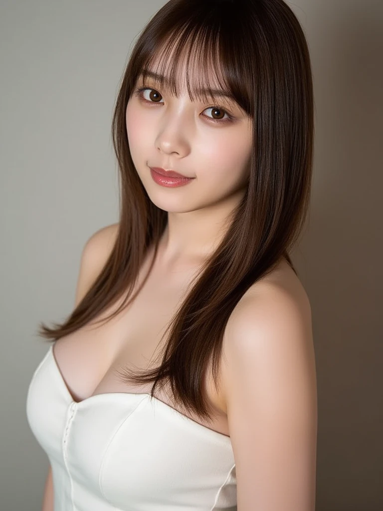 20-year-old woman, Dark Theme, Calm tone, Calm colors, High Contrast, (Natural skin texture, Hyperrealism, Soft Light, sharp), Simple Background, slim body with Large Breasts, (Large Breasts: 1.6), hugeなおっぱい, Large Breasts, Chest is larger than torso, huge breast, huge , 優しいsmile, Sitting, Beautiful and detailed ideal hair、(Beautiful big boobs:1.7)、Natural color lip、smile、20-year-old girl、cute、sexy shot looking at camera、(highest quality: 1.3), (masterpiece: 1.3), (Very detailed: 1.3), (wallpaper, One Girl: 1.1)、(Detailed hands and fingers:1.2)、(Super Oily, Very detailedな光沢のある肌:1.1)、 Brown Hair、Swinging Hair、Beautiful sister、Beautiful fine details, Medium Hair, Big ample breasts, Random sexy poses