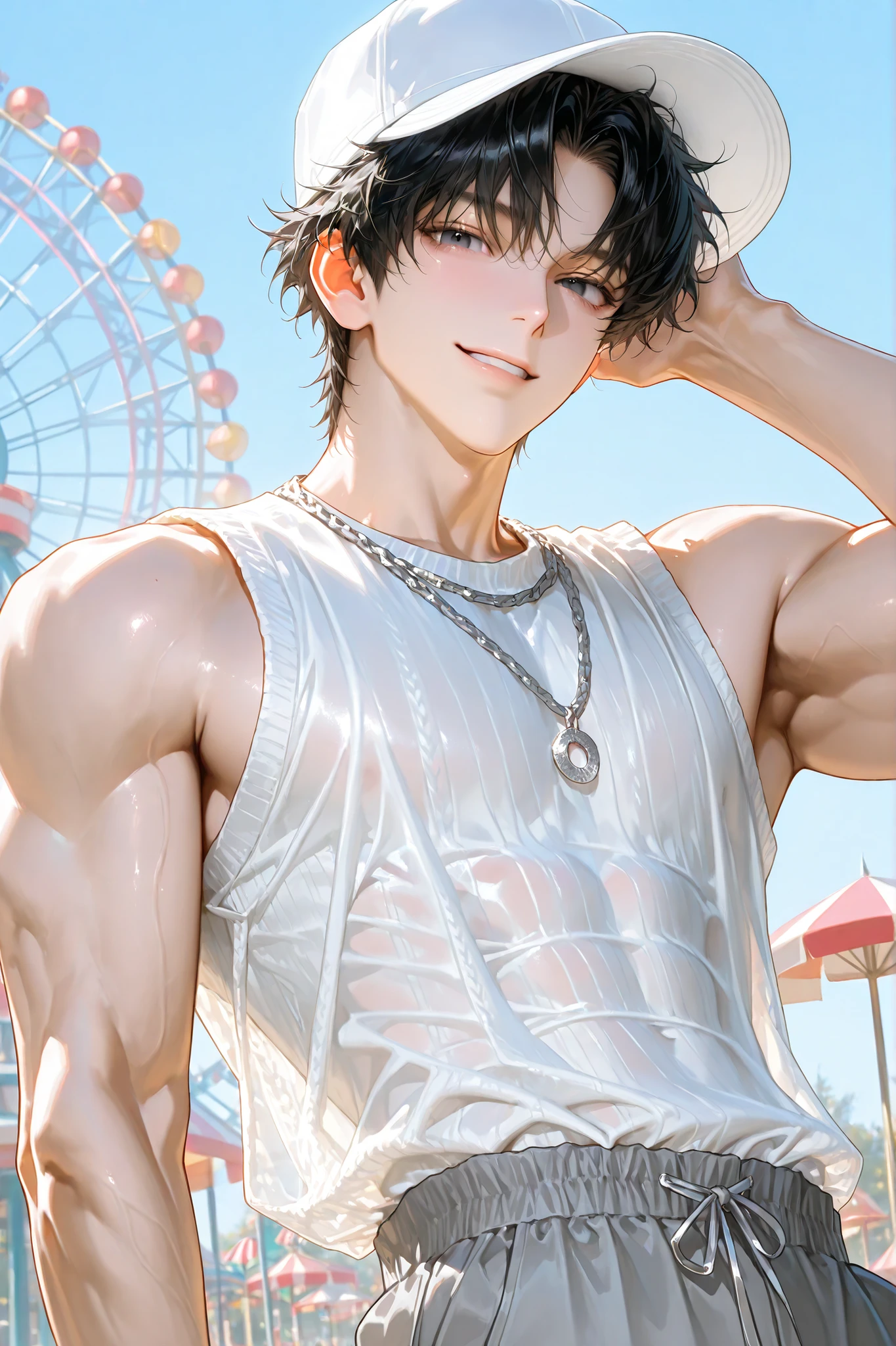 1 male, Japanese male model, high resolution 4k, young, handsome, perfect face detail, detailed eyes and face, clean shaved, sixpack, white eyebrow hair, white eyelashes, Naked torso, Detailed face, perfect face, dynamic lighting, Real skin texture, Perfect hand details, Real and complete hand details, unreal engine, hd picture, satoru gojo, Jujutsu kaisen, white hair, short hair ,hair between eyes ,blue eyes, white skin, Sauna background, Necklace, Sea background, Watch, water splash