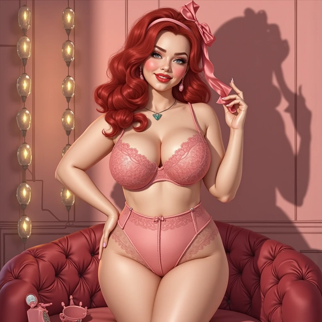 Cherry Jubilee, wearing sexy yellow bra and yellow panties, smug grin, massive fat belly, Cherry Jubilee Equestria Girls, full body, Standing, in the living room, Cherry Jubilee, cuerpo completo, high resolusion