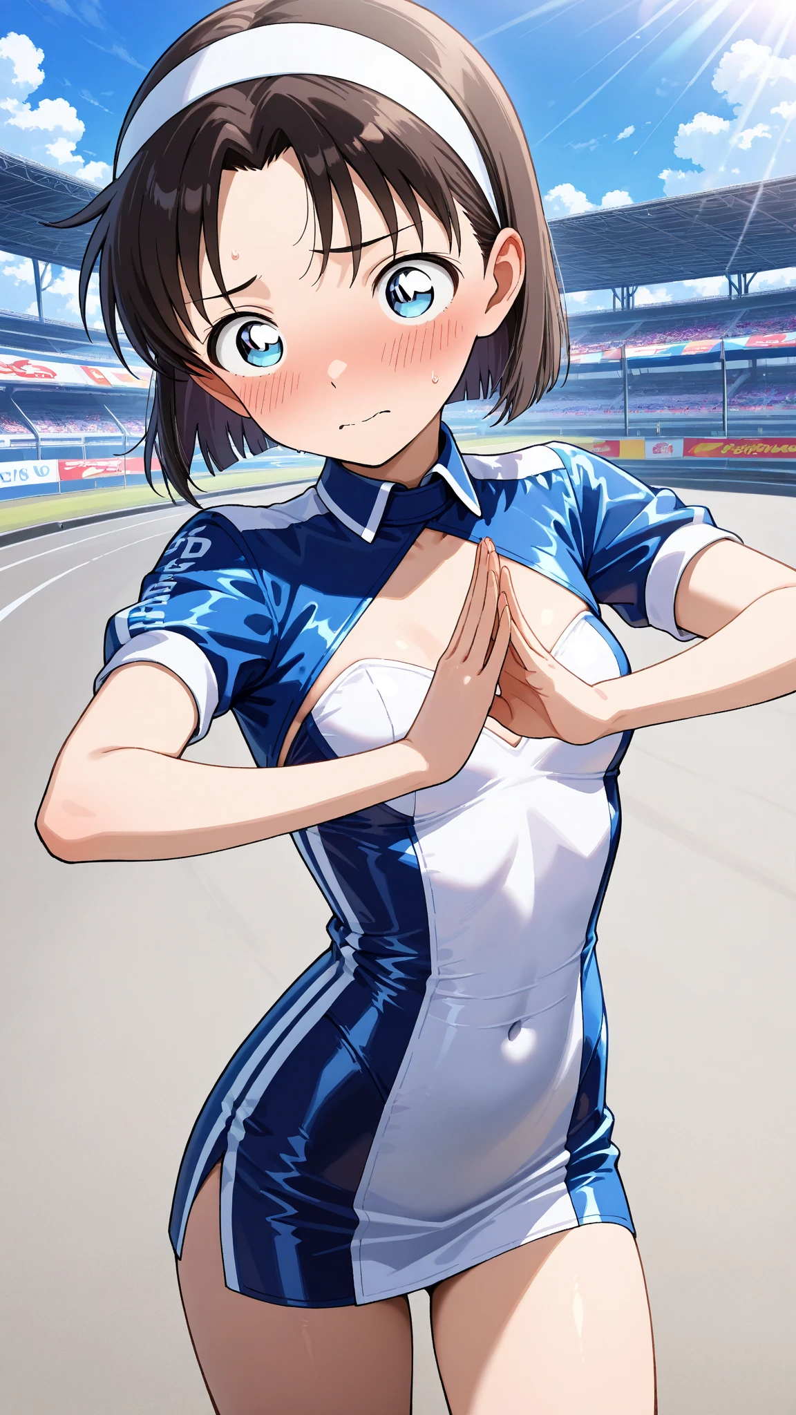 Vivid Color, ((race queen)), ((skirt)), luster Outfit, (Black pantyhose), (latex high heel boots), skindentation, skinny, solo, (1 sexy woman), Masterpiece, highest quality, highest quality, 16K, incredibly absurd, highly detailed, 2.5D, ai-generated, delicate and dynamic, very delicate facial expressions, delicate eye depiction, Dark hair, black eyes, erotic, only sexy woman, ((A cute and kind face)), healthy figure, ((25-year-old woman)), 160cm tall, medium firm swaying bust,, blush, Sweat,Embarrassed,sexy, ((thin thighs)), (camel toe:0.8), (Erect nipples:0.9), (visible nipples:0.7), ((shiny and lustrous)), facing straight at viewer, smile, Large park, daytime, bright, on the grass, (dutch angle), (Erotic pose),
