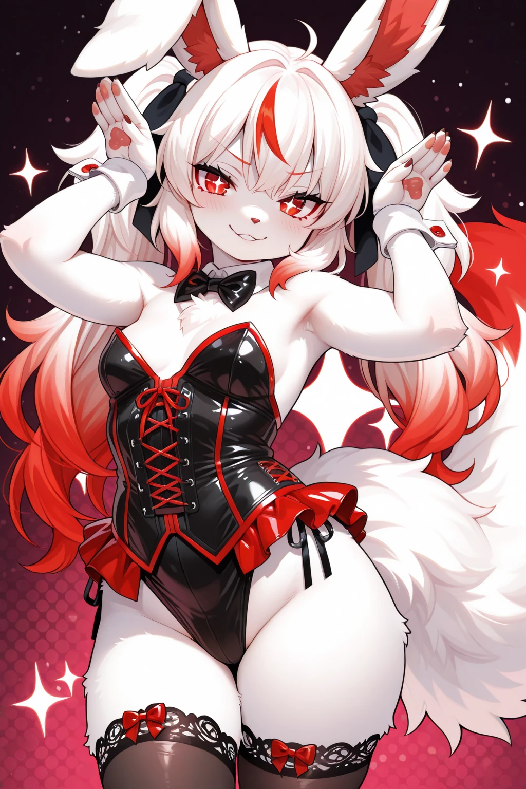 A girl, White long hair braids and twists half up hairstyle goes through waist, Cat ears, Red Eyes, Wearing bikini, thick, (((Smugly expression, looking at viewer, Sexy poses)), tattoo heart under stomach,