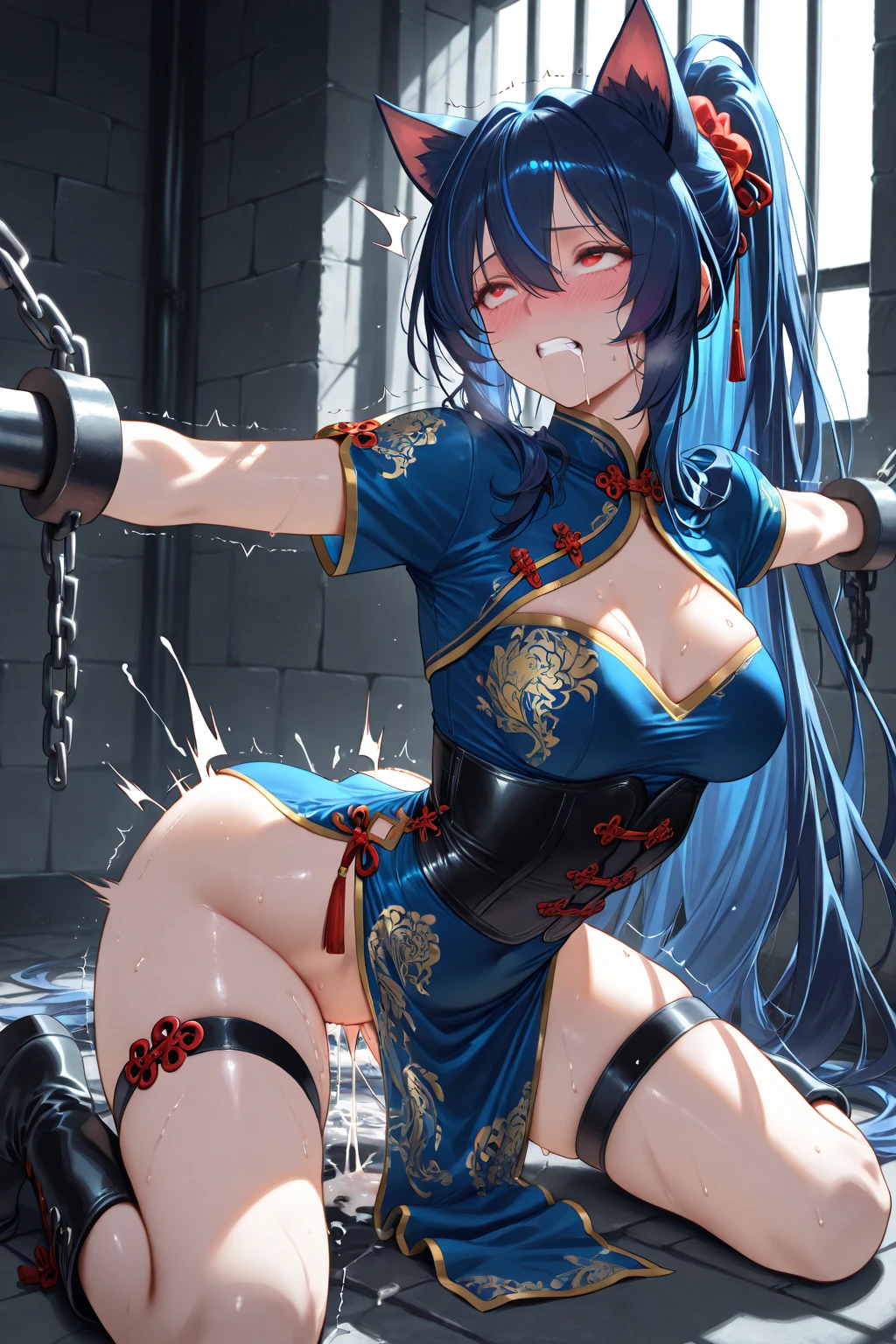 Rem,Blue Chinese Dress,Super huge boobs,hanging,Leaning back,Breast milk spurting out,Squirting from pussy,cadaver,Suspended by a rope around the chest