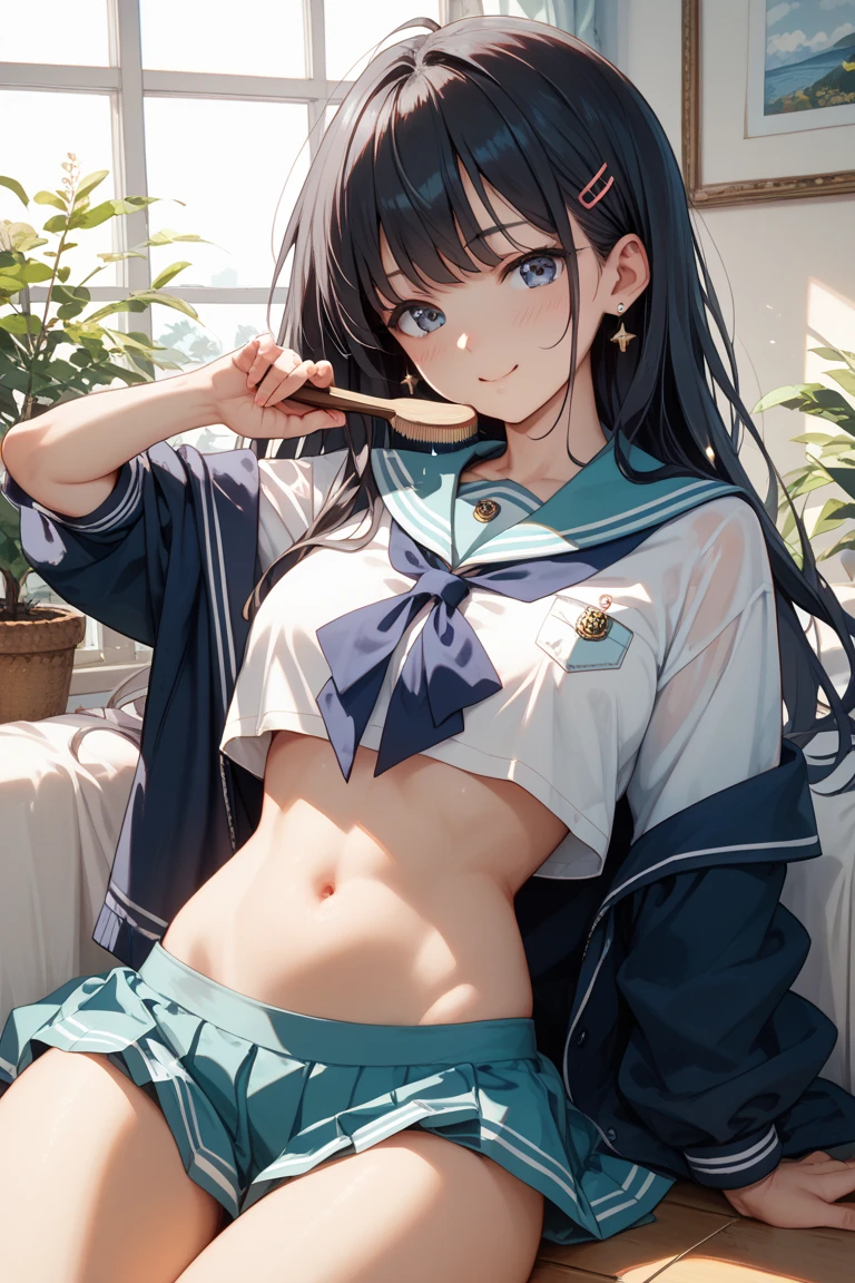 Cornflower art, dreamy, (masterpiece, top quality, perfect anatomy, beautiful face, realistic, super detailed, 1 girl, 18 ears senile, solo, depth of field, canon 24mm lens, f1.4, cute_girl, sailor_ collar, clear facial features, short sleeves, small breasts, slender height, height 150cm, barefoot, double ponytail, bangs, gravure pose, indoor, slouch, Chest gap jungle, blurred background, (Uwabaki: 1.1576)) whole body, clear liquid drips from the crotch, the front of the shirt is exposed, breasts are visible, transparent bra, light blue striped buns, erotic, , NSFW movie, kuikomi, hentai,