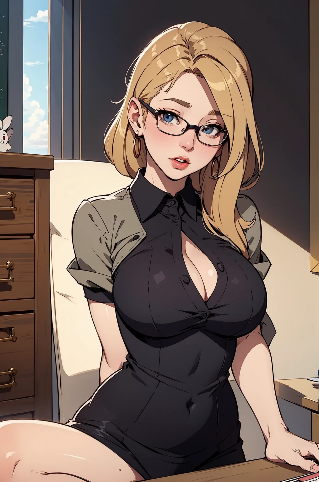 (Top view), (Highest quality: 1.5), (masterpiece: 1.5), (2.5D), (Vibrant colors), (one character), (exaggerated proportions), (transformation), (Perfect Anatomy), ( Center letter), (Absurd), (4K wallpaper), (Detailed eyes), (Perfect hands), (Perfect Fingers), (Beautiful Skin), (Glowing Skin), (Perfect Shadow), (Perfect lighting ), (whole body), (Beautiful Eyes), (masterpiece), (Voluptuous body), (Pretty face), Mature adult woman, Low blonde hair, A slightly messy ponytail, Green Eyes, Wear glasses, Wearing a knee-length dress with lace long sleeves and a moderate V-neckline that fits at the waist, A bright and loving expression, Mature MILF facial, Huge breasts, Huge thighs, Huge Ass, Voluptuous body, Good balance, She is standing in the living room of her home with a broken TV behind her