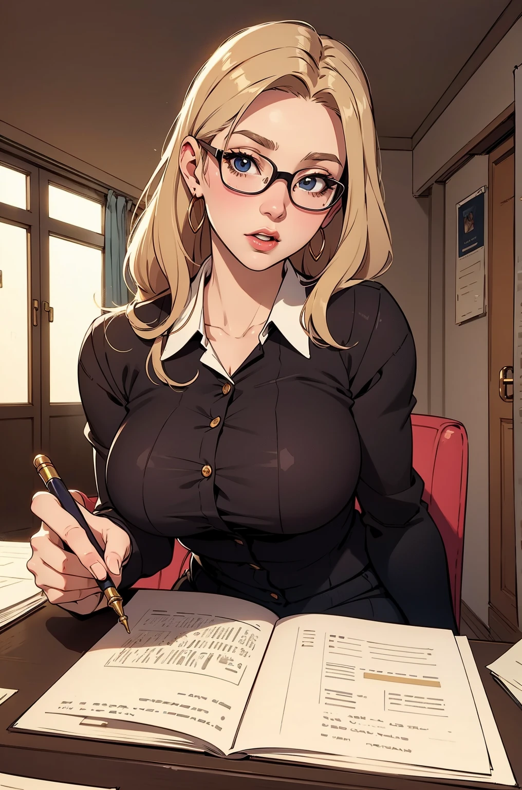 score_9, score_8_up, score_7_up, score_6_up, score_5_up, score_4_up, 1girl, solo, freckles, librarian outfit, semi transparent shirt, blonde hair tied up, hairpin, ((large hazel eyes, glasses)), dark maroon lipstick, (????? nipple under clothes, ((blushing)), seductive look, expressive, dynamic, narrow waist, wide hips, skirt, stockings, sitting, library