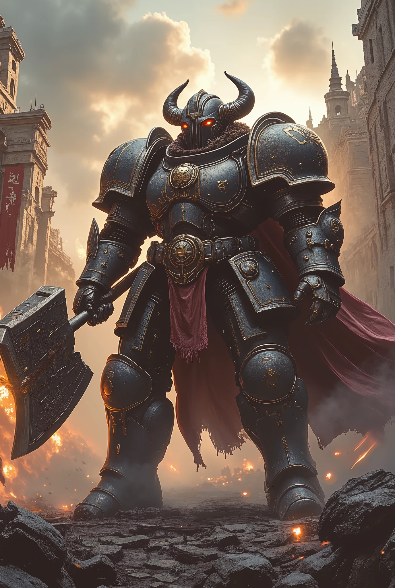 (masterpiece, ultra-HD, 32k, photorealistic, cinematic lighting, dramatic shadows, film grain, glowing particles, volumetric fog, depth of field, moody tone, official art style)
Low-angle full-body shot, slightly tilted: A towering Buffalo-headed knight stands defiant in the heart of a shattered battlefield. His heavy war-armor—scarred, rusted, and etched with glowing ancient runes—blends brutal grimdark fantasy and tribal ferocity. Massive curled horns rise from a worn iron helm, breath steaming through a rune-inscribed mask.
Foreground: Fractured stone, shattered weapons, and war banners tangled in ash. Loose embers drift past the lens, catching flickers of red-orange light.
Midground: The knight grips a giant runed great-axe, its blade glowing faintly gold with enchantment. A torn crimson cloak trails in the wind. Blood and soot cling to his fur-lined armor joints. His stance is firm—battle-worn yet unyielding, as if holding a final line.
Background: Jagged ruins of a gothic citadel loom behind, wrapped in mist and smoke. Faint outlines of siege towers collapse in the distance beneath a storm-lit sky.
Lighting & Color: Golden rim light outlines his silhouette. Sky bleeds deep crimson and rotten teal tones. Shadow and light play across steel plates, highlighting runes. The scene glows with a grim, mythic aura—a fallen world clinging to valor.