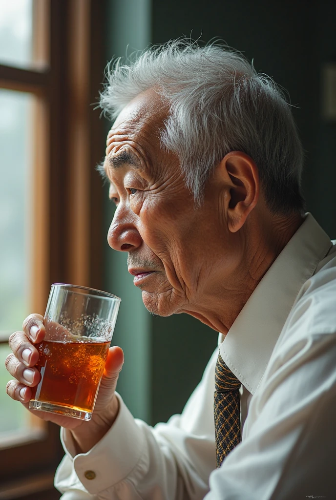 Japan man at 60 years old、The head is bald、Wearing a suit、Drinking beer