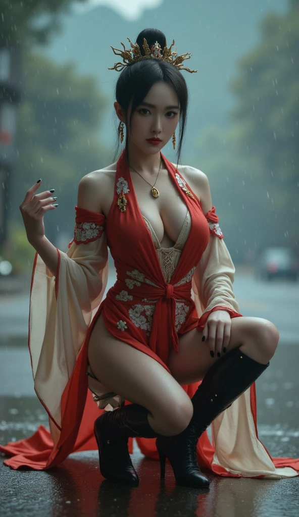 (((long Traditional Chinese costumes outfit comes off))),(((view full body))),(((Show cleavage))),(((bare inner thigh)))、(((show side breast))),(((detached sleeves))),(((over-kneehighs))),ulzzang-6500-v1.1, (Raw photo:1.2), (Photorealsitic:1.4), a beautiful detailed girl, extremely detailed eye and face, beautiful detailed eyes, ultra-detailed, High resolution, top-quality, masterpiece, ighly detailed, 8k wallpaper, magnifica, finely detail, top-quality, Light on the face,电影灯光,1girl in,(Forbidden City during the Ming Dynasty),Beautiful eyes,a smile,Opening Mouth,(((pants wedged between buttocks))),Lace-rimmed panties