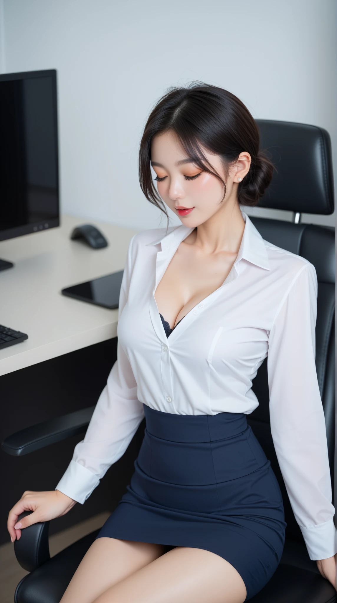 The face is :9,1870450717], Glamorous beautiful mature elite secretary in luxurious silk top、40 years、big breasts body　154 cm、shapely body、The figure of the hourglass、Skirts and thighs、sit on a bed、Troubled face、office clothes, (Wear pantyhose,Realistic pantyhose)、working in an office、Wear a satin shirt, Ultra-thin fabric、lisses、Transparent fabric、Wear high-end heels、 Shirt girl, Wear an elegant shirt, Wear an ultra-thin top, Merchant, Shirts and skirts, Wearing a silk shirt, Wear a shirt and skirt, Japan goddess、RAW photo, (8K、top-quality、tmasterpiece:1.2)、(intricately details:1.4)、(Photorealsitic:1.4)、octane renderings、Complex 3D Rendering Ultra Detail, Studio soft light, rim lights, vibrant detail, super detailing, realistic skin textures, Detal Face, Beautiful detail eyes, Very detailed CG Unity 16k wallpaper, Makeup - makeup, (detailedbackground:1.2), shiny skins、Turning around、Bare with thighs!!!,