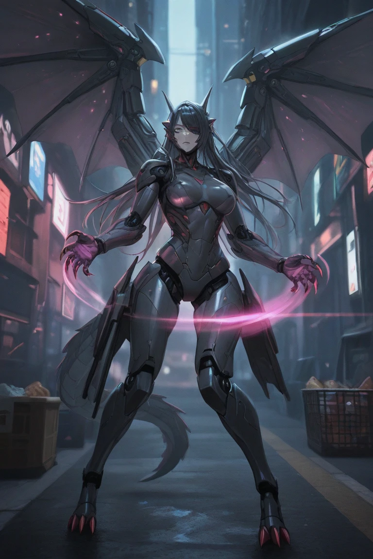 Twilight Sparkle Cyborg Girl, Twilight Sparkle of My Little Pony, Bio Organism, Not Human, Mechanical Parts, Mechanical Purple Wings, Metal Wings, Bionic Body Parts, Red Glowing Eye, Full Growth, Full Body, Very Detailed, Ultra 8k Quality, Broken Parts, Holes in Mechanisms, Cybernetic Organism, City Ruins, Lots of Purple and Pink, Purple Lights, Lots of Magic