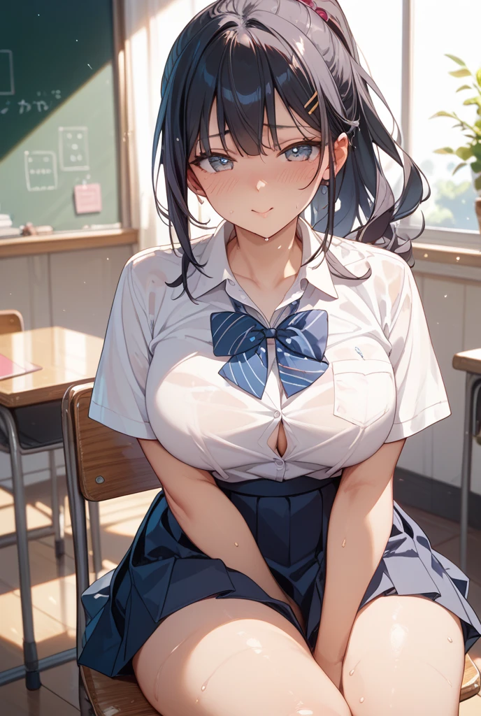 Grabbing a dildo inserted in her pussy, Pleated skirt, My Room, (Angry face, blush, Sweat), standing, navy long hair, Big Breasts