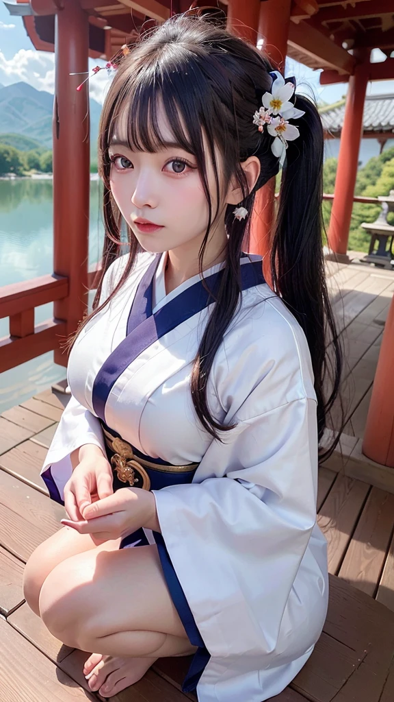 Ship Kongo, kongou, Ahoge, Brown Hair, Double good, Hair Bun, hair band, headgear, Long Hair, (Purple eyes:1.1), 
Breaking boots, Removable sleeves, red and white kimono, Non-traditional Shrine Maiden, Ribbon trim, Sleeves edged with ribbon, Thigh-high boots, Wide sleeves,
壊す looking at viewer, smile, Blushing Living Room, Destroy the office room (masterpiece:1.2), highest quality, High resolution, unity 8k wallpaper, (shape:0.8), (Beautiful details:1.6), Highly detailed face, Perfect lighting, Extremely detailed CG, (Perfect hands, Perfect Anatomy),Squat,(spread legs, legs up)