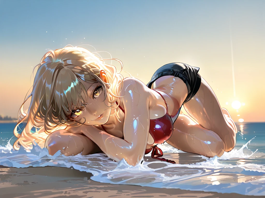 (masterpiece, Highest quality, Super detailed:1.3), Perfect composition, 4K, (Very detailed, Super detailed), Blue and white bikini、Bikini with horizontal stripes, High resolution, 8k Texture, Attention to detail, Very detailed肌の質感, Magnificent details, High Sharpness, One girl, (Fine grain:1.3), (25-year-old woman:1.3), (skinny), (Big Breasts),  Bright beach,、smile、Sticking out tongue、Lying down pose、