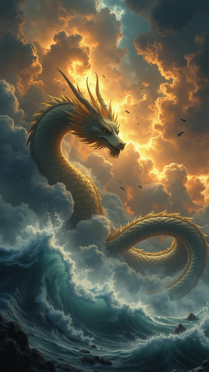 Cloud that looks like a Chinese Dragon illuminated by the rays of the setting sun