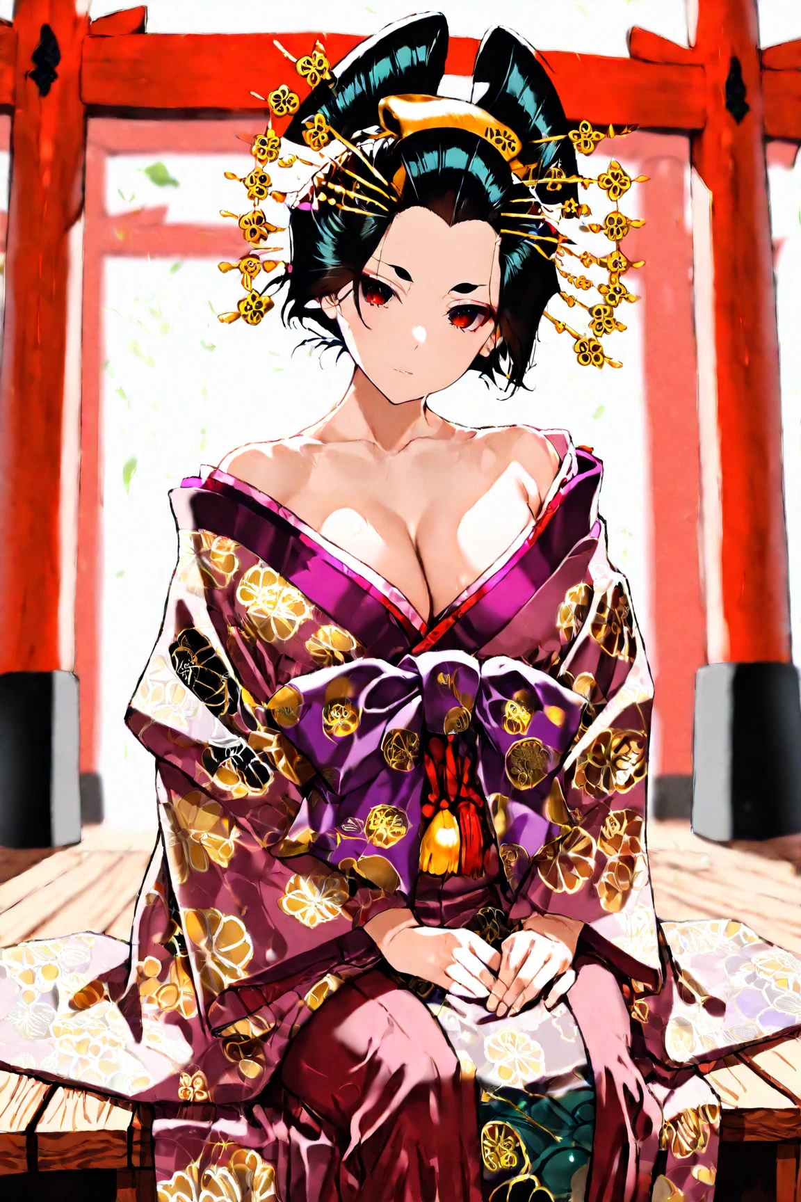Close-up of a woman with black straight hime cut hair wearing a red and orange dress, Red kimono with flower patterns, From the Sengoku period, Long and beautiful kimono, Flowing hair and long, super shiny robes, Red kimono, Japanese Kimono, Wearing Imperial Kimono, Wearing kimono and armor, In kimono, Safety, kimono, Hakama kimono, Inspired by Fujiwara Takanobu, pale and colouRed kimono She is laid down on the futon, exposing her nipples, writhing and crying. She has sex with a man