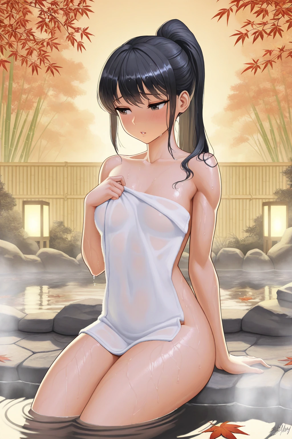 Naughty pose, Emphasize the chest, Big Breasts, Completely naked, Sensual pose, Clear liquid leaking from the crotch, Completely naked, Long bangs, girl glaring, 40 years old, Big Breasts, Black Hair pigtails, pattsu, Black Hair, Worry, Glasses, Chubby,, Red cheeks,