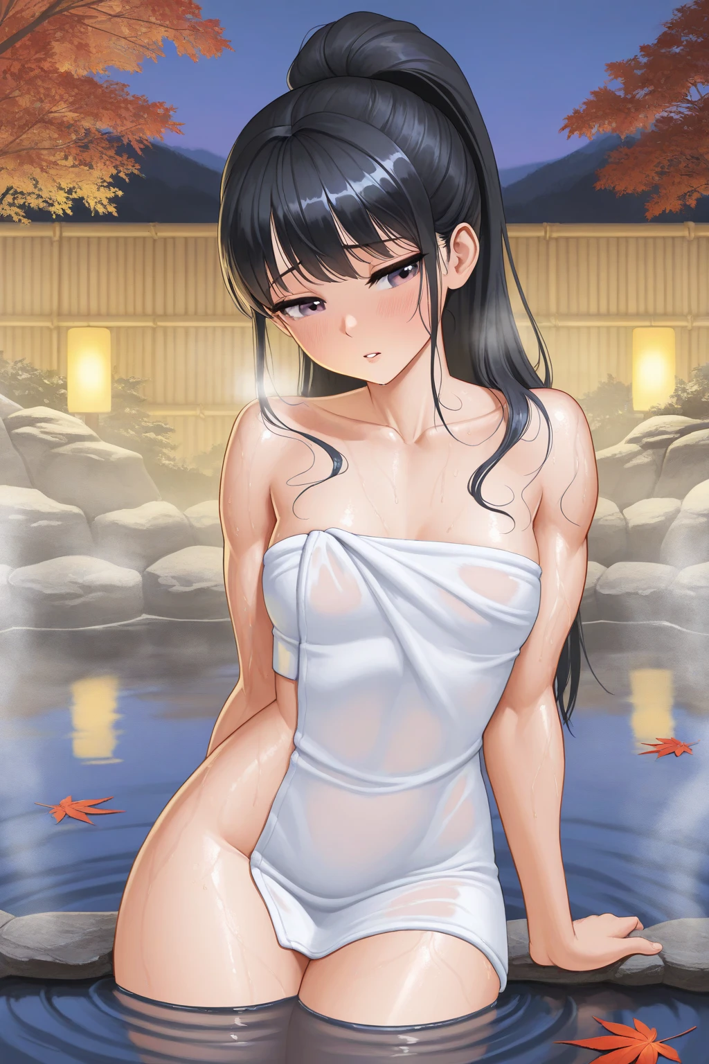 Izumi Wakoto / LOVELY×CATION2, masterpiece, best quality, an attractive sexy mature naked woman in wet kimono posing in outdoor hot springs, 1girl, 独奏, sheer ass, sheer clothes, sheer nipples, wet, Japanese clothes, see through kimono, smile, aawakoto, long hair, ahoge,
