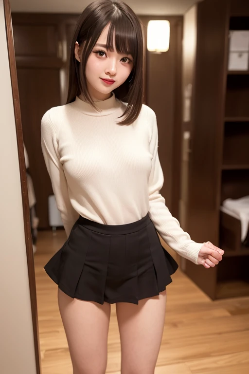 (Highest quality、Highest quality、Highest Resolution、masterpiece、detailed、live-action)、
(((Lift up the hem of a pleated skirt with your own hands)))、
(((Grab the hem of a pleated skirt with your hands)))、
(((Wearing pantyhose up to the waist)))、
((Show me your panties))、
((Panties are visible))、Striped panties、
1 Japanese woman、
Cute Japanese Woman、
Beautiful 20 year old Japanese woman、
Slender figure、
Super slim figure、
Small breasts、
Silver Hair、
The woman&#39;s body is facing the photographer、
smile、
whole body、
Standing posture、