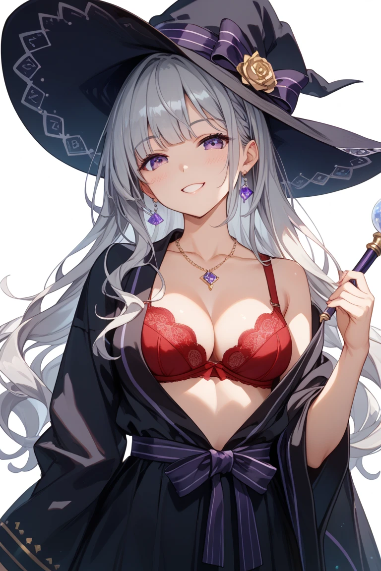 1girl,ayachi nene, <lora:AyachiNeneV1:0.75>, belt, witch_hat,skirt,cowboy shot, cleavage, large breasts, blush,on_back,bed,indoors,lying,