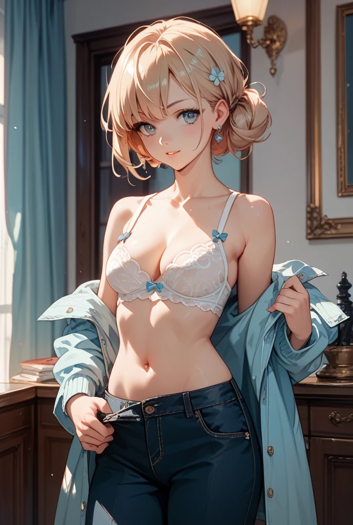 Android１８Number、White lace underwear, girl, UHD, retina, masterpiece, accurate, anatomically correct, textured skin, super detail, high details, high quality, best quality, highres, 8k