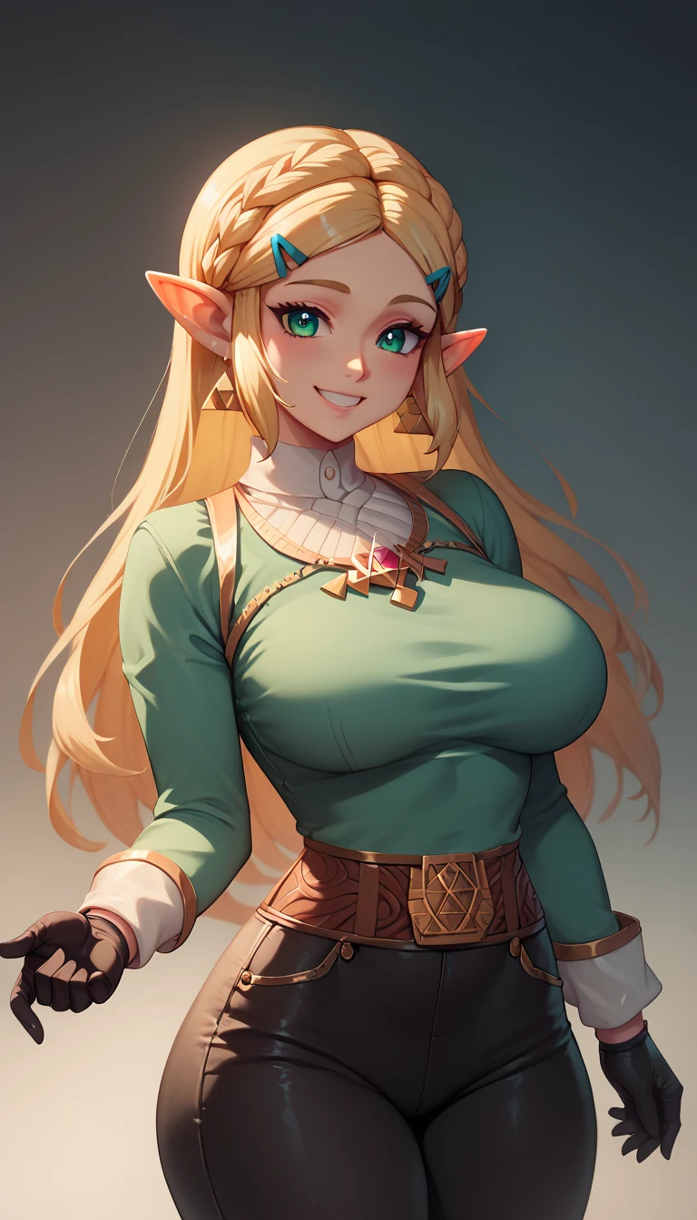 High resolution, Very detailed, perfect lighting, beautiful detailed eyes,   ((masterpiece,Best Quality)), absurdities, alone,     princess zelda, by the width, crown braid, Hair clip, pointy ears, blue shirt, long sleeves, Gloves without fingers, black gloves, Black pants, tight pants, smile, curves, nod,   ,  deep neckline, deep neckline, bare breasts, bare breasts, NSFW, visible nipples, visible nipples 