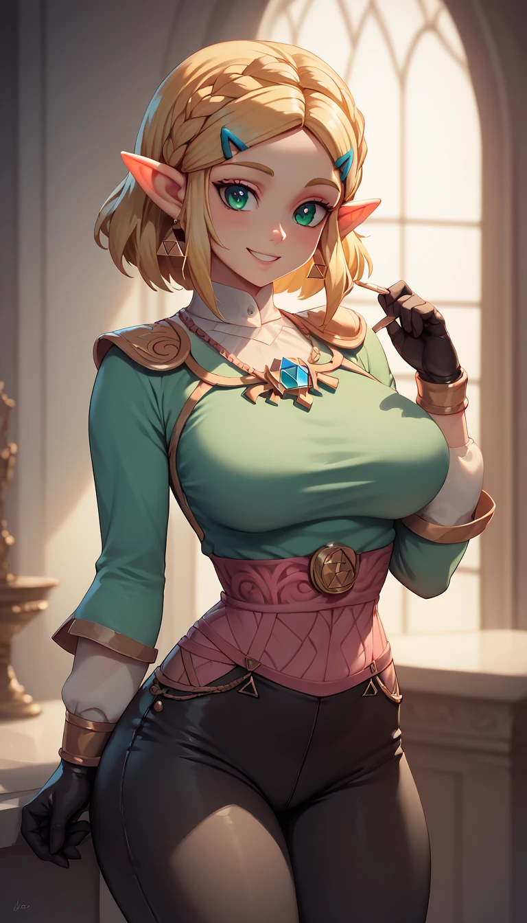 High resolution, Very detailed, perfect lighting, beautiful detailed eyes, ((masterpiece,Best Quality)), absurdities, alone, princess zelda, by the width, crown braid, Hair clip, pointy ears, Gloves without fingers, black gloves, smile, curves, nod, , deep neckline, deep neckline, short skirt, visible underwear, pink thong, touching her breasts in a sexy way, close up, disfraz de mucama sexy, disfraz de sirvienta sexy color negro, mirando hacia adelante
