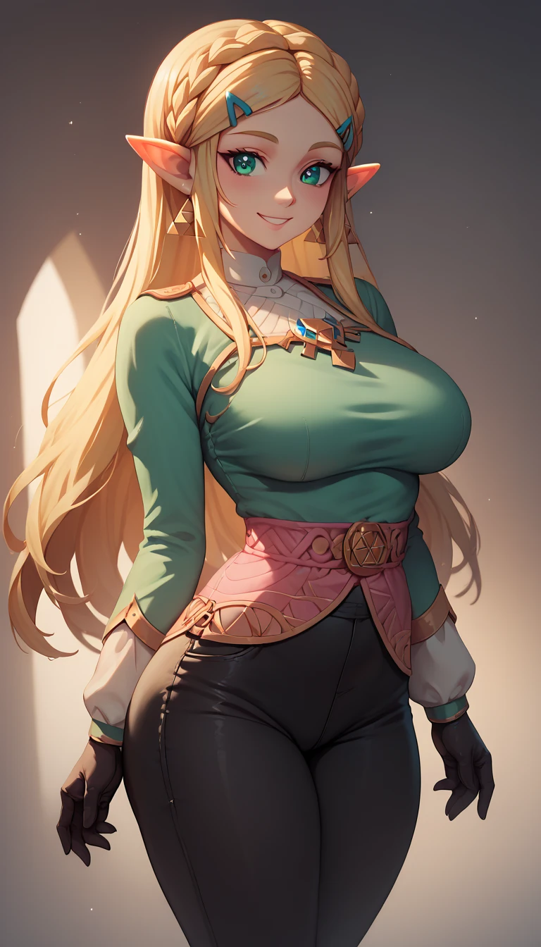 High resolution, Very detailed, perfect lighting, beautiful detailed eyes, ((masterpiece,Best Quality)), absurdities, alone, princess zelda, by the width, crown braid, Hair clip, pointy ears, blue shirt, long sleeves, Gloves without fingers, black gloves, Black pants, tight pants, smile, curves, nod, , deep neckline, deep neckline, bare breasts, bare breasts, NSFW, visible nipples, visible nipples