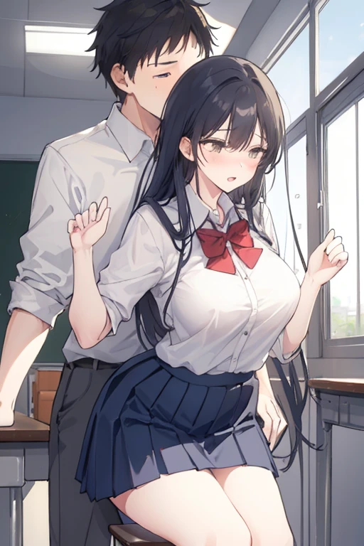 high quality、High resolution、High resolution、Inside a love hotel、One Woman(Have sex in the side position)、Black Hair、Angle focusing on the back、White turtleneck shirt、A tight black mini skirt that shows off her butt、Droplet Earrings、(Long Hair、Bangs that reach down to the mouth and cover one eye、slippery head、Wetた Hair、Silky Hair))、Blue heart-shaped earrings、Are fat(1.6)、Wet(1.9)、trembling(1.3),Climax(1.2)、Tree Eyes(1.9)、The corners of the eyes are raised.、Dark blue eyes、Saggy breasts(1.9),Big Breasts(1.9)、Long chest(1.9)、Her breasts are bouncing up and down、、ah、I agree、(((Angle from the buttocks))) (Black man)、(Big penis)、(A man is having sex with a woman from the side)