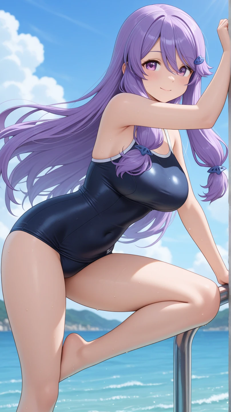 masterpiece, best quality, very aesthetic, absurdres, 1girl, mature_lady, full body, Beach Volleyball, swimming_suit, playing  Volleyball,,keqing,keqing(genshin impact), purple hair,purple eyes,lozenge pupil,diamond eyerings,twintails,medium breasts,bun,bang,on beach, sweat, floating water,sunshine,sky,cloud, outdoors, ,blur background,background defocus,floating hair,